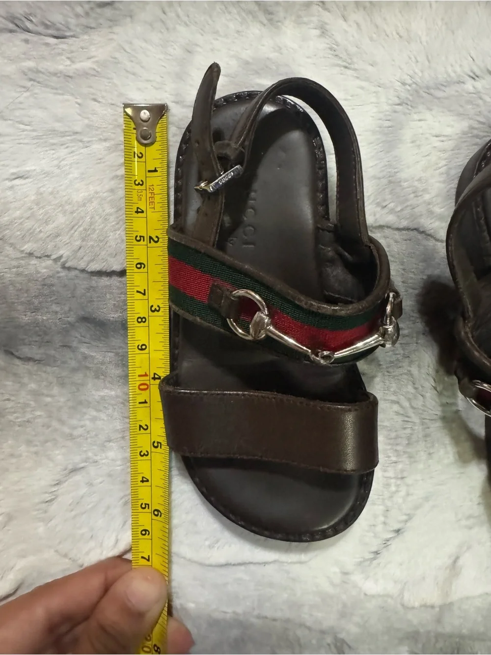 Gucci Brown Leather Kids Sandals with Red-Green Web and Silver Horsebit